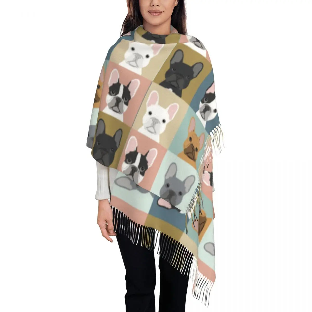 écharpe femmes hommes hiver automne chaud foulards Frenchie chien animal châle Wrap